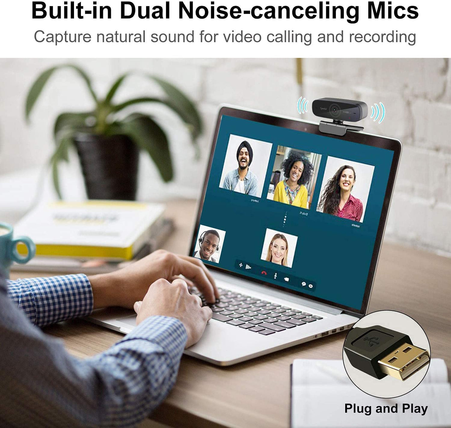 Spedal Webcam 1080P 60fps, Double Microphones Stéréo, Autofocus Live Streaming Caméra Web pour Skype Facebook OBS XSplit, Webcam Compatible avec Linux Mac OS Windows 10/8/7