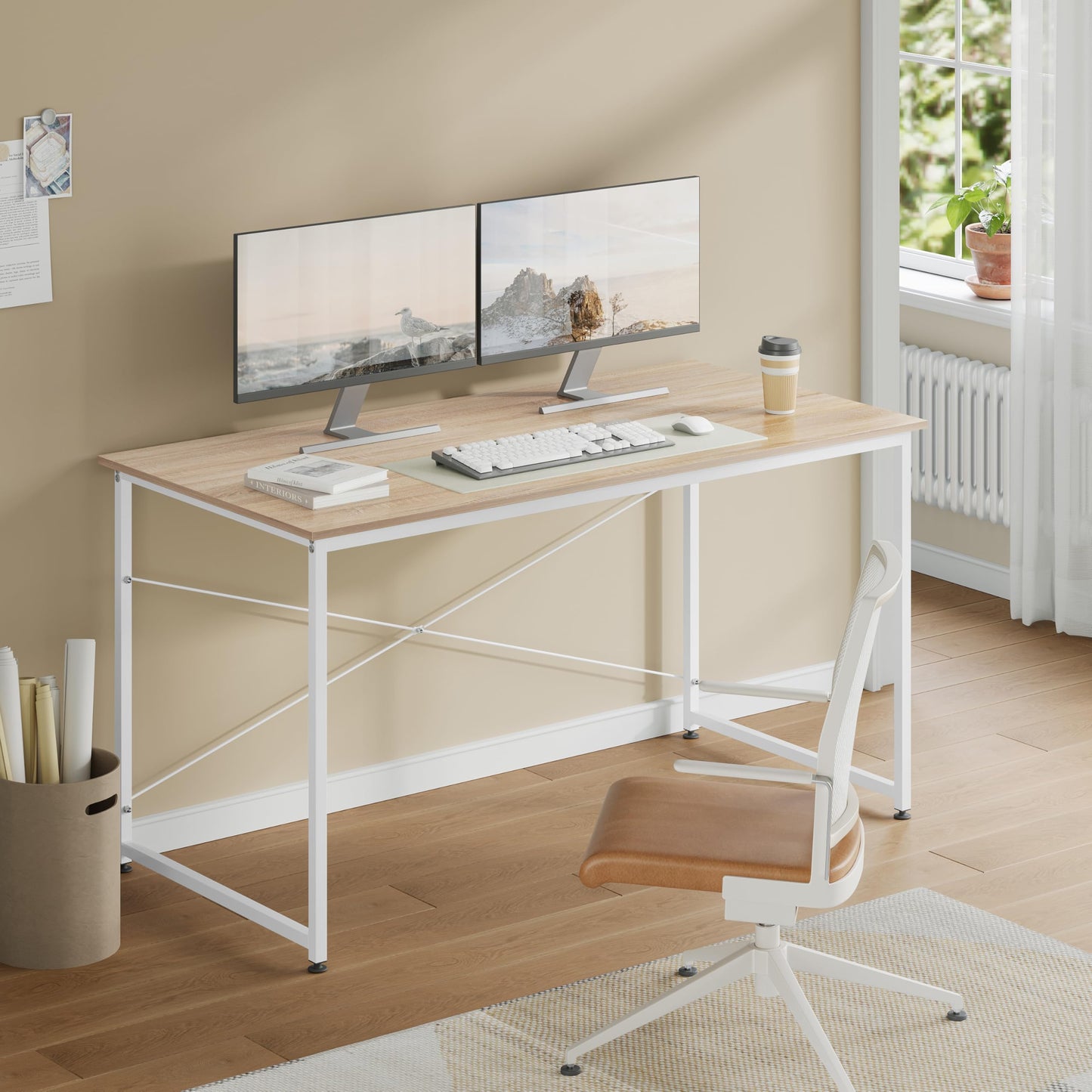 WOLTU Bureau, 140x60 cm, Poste Informatique, Table de Travail, Poste de Travail, Bureau Ordinateur, Cadre en Métal, en Bois d'Ingénierie, pour Chambre, Chêne Clair