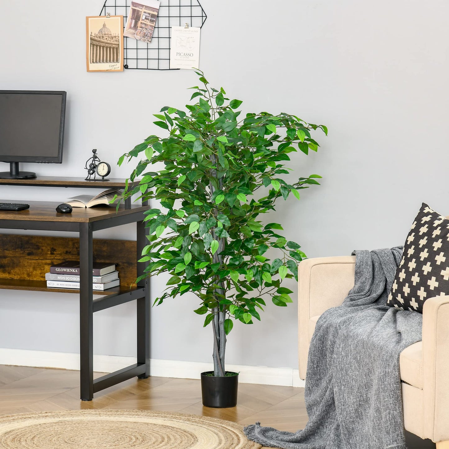 HOMCOM Arbre Artificiel Plante Artificielle ficus H.1,35 m Tronc Branches Liane Lichen Feuilles Grand réalisme Pot Inclus