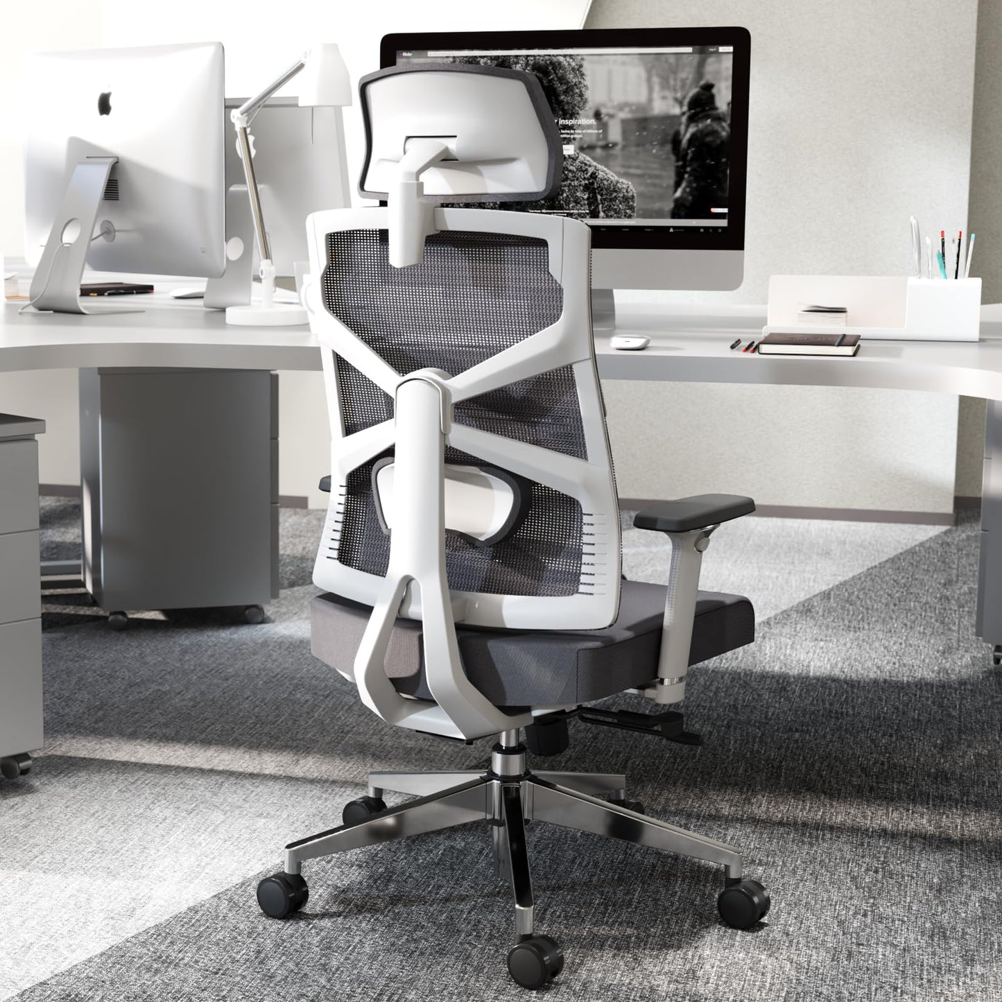 HOLLUDLE Ergonomic Office Chair with Adjustable Backrest, Computer Chair with 4D Armrests, Adjustable Seat Depth, Lumbar Support and 2D Headrest, Task Chair, White