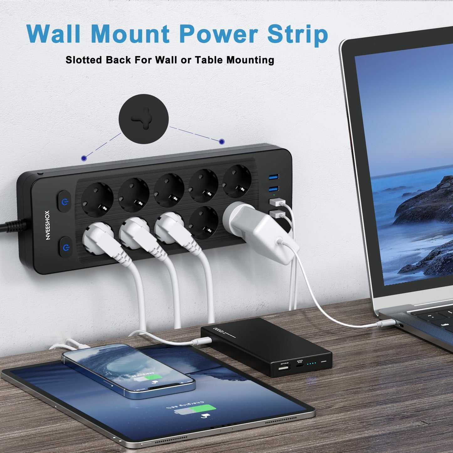 NVEESHOX Multiprise Electrique (16A/4000W), Multiprise 10 Prises avec 4 Ports USB, Bloc Multiprise Parafoudre et Surtension avec Interrupteur, Câble 5Mpour Maison Bureau,Noir