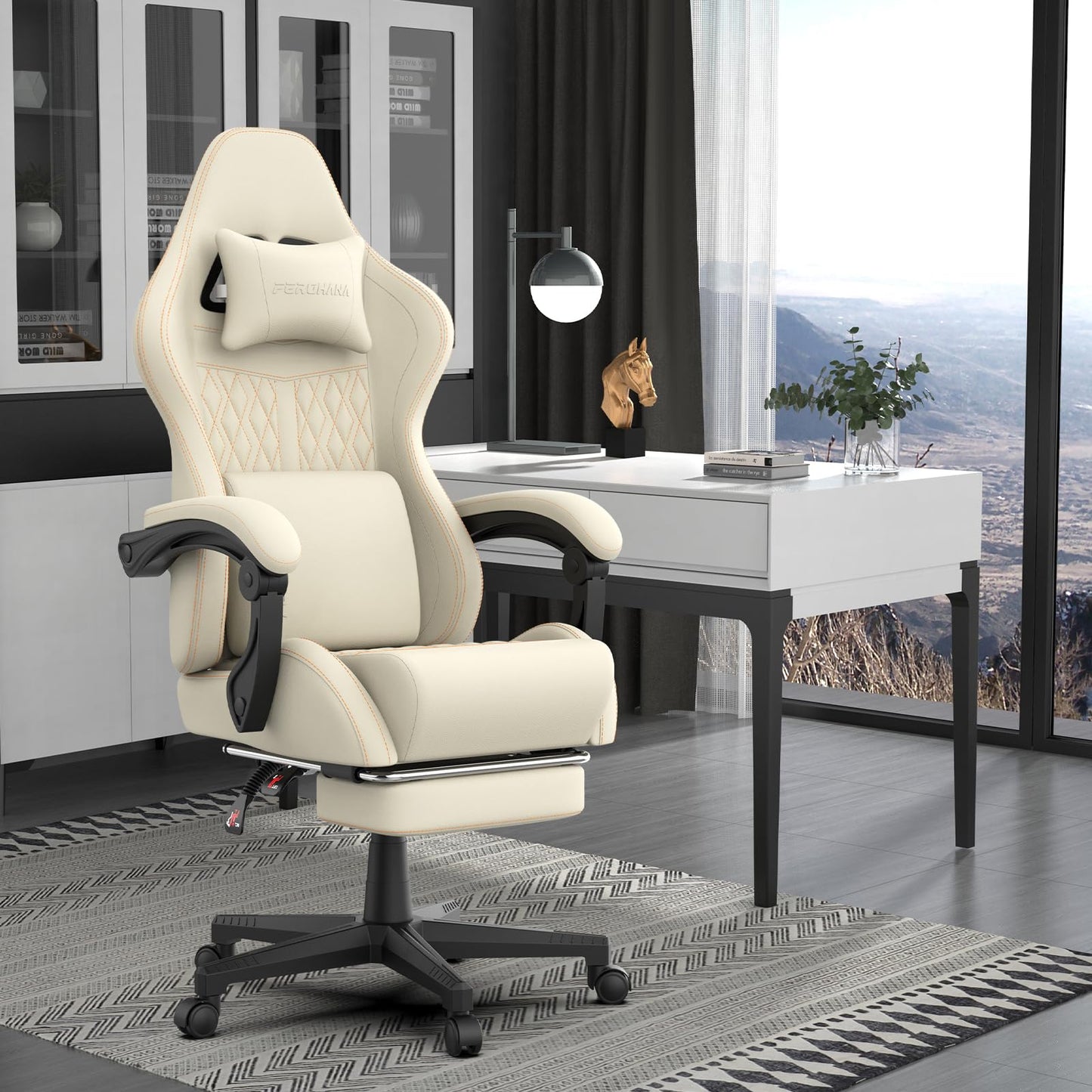 Ferghana Chaise Gaming Ergonomique,Fauteuil Gamer,Siège Bureau Gamer Chaise Bureau avec Réglable Appui-tête,Support Lombaire,Repose-Pied,Télescopiquetissu Respirant,Siege Gaming Racing,Blanc