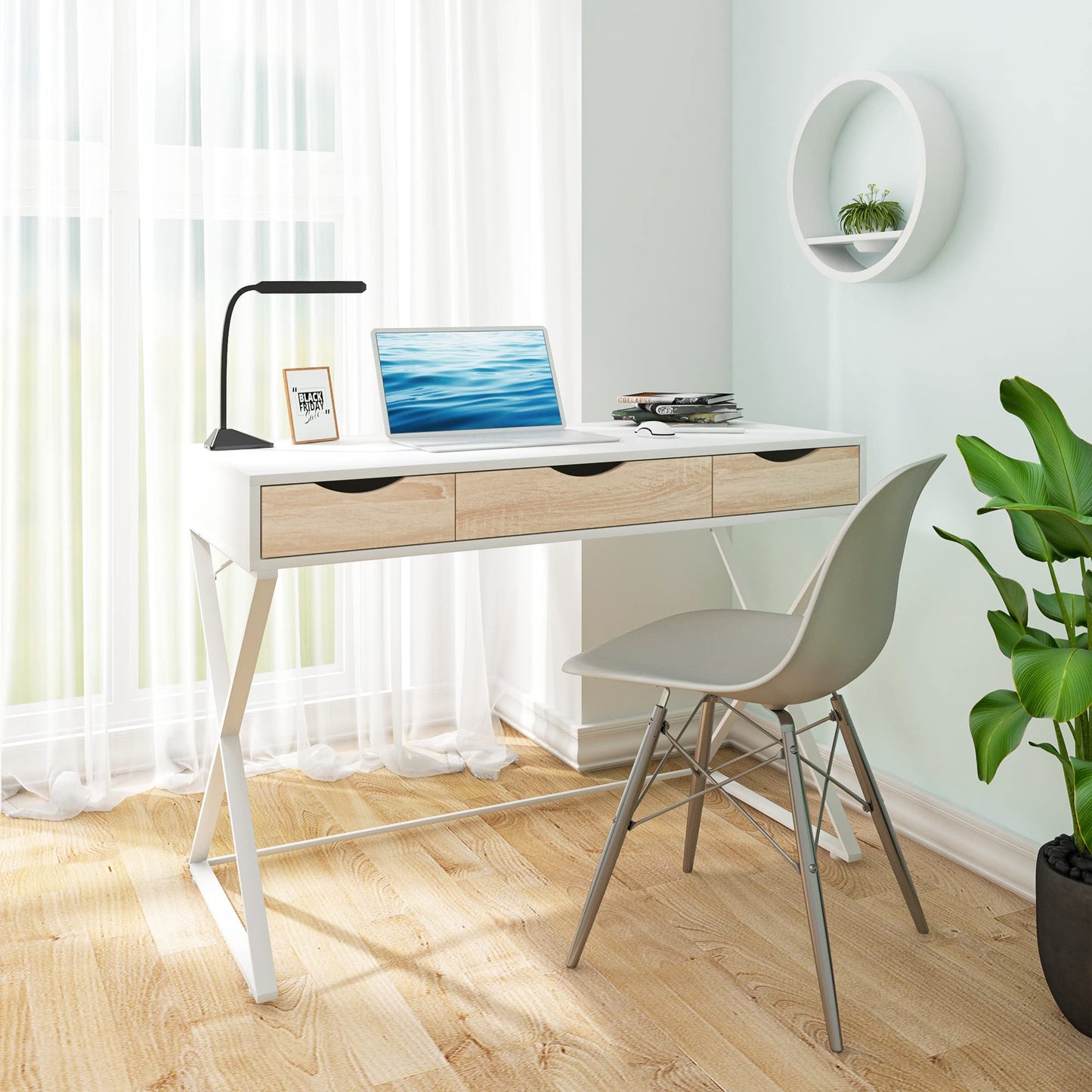 WOLTU Bureau d'ordinateur avec 3 tiroirs, 110x50x75cm, Blanc, Table de Bureau en Acier et MDF, Table de Travail, PC Table