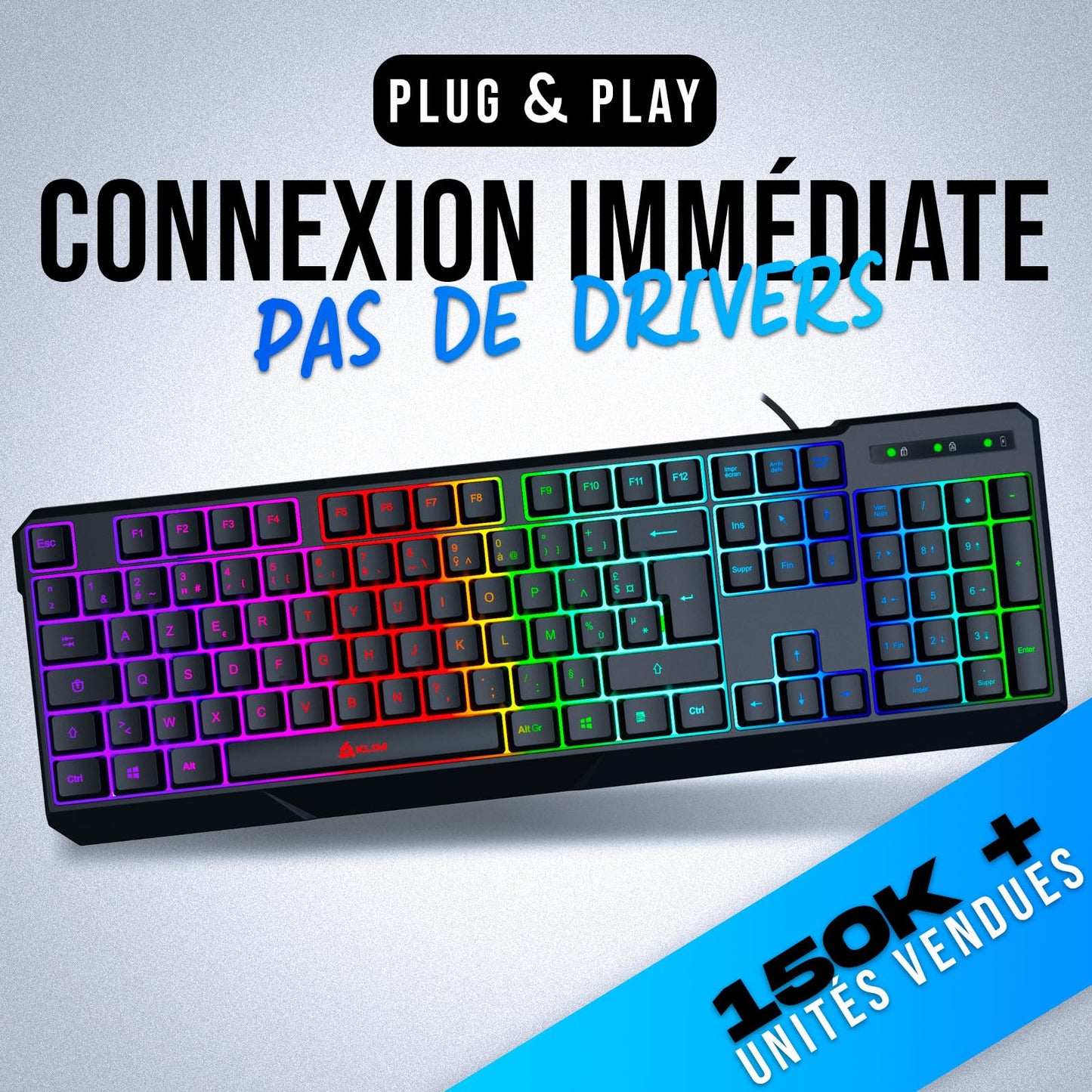 KLIM Chroma Clavier Gamer AZERTY FR - Nouveauté - Silencieux USB - Clavier Filaire Rétroéclairé LED - PC Gaming PS4 PS5 Mac - Noir
