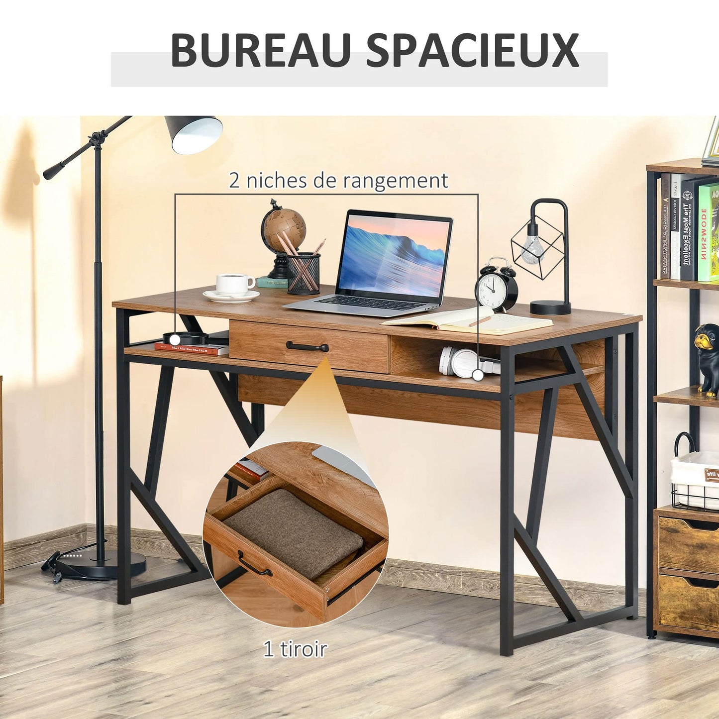 HOMCOM Bureau Style Industriel dim. 120L x 60l x 76H cm tiroir + 2 niches piètement métal Noir Plateau Aspect Bois Noyer
