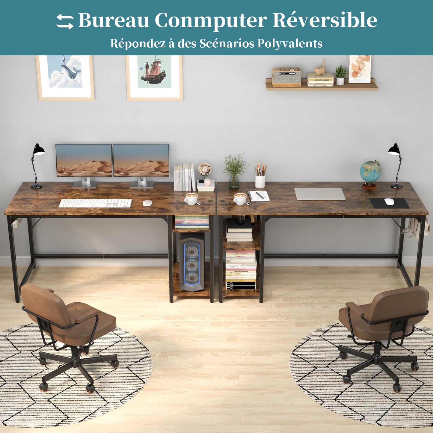 Airfish Bureau 140cm avec 2 Étagères Réglable, Petit Bureau d'Ordinateur Réversible à Gauche et à Droite, Postes de Travail Informatiques pour Domicile, Marron