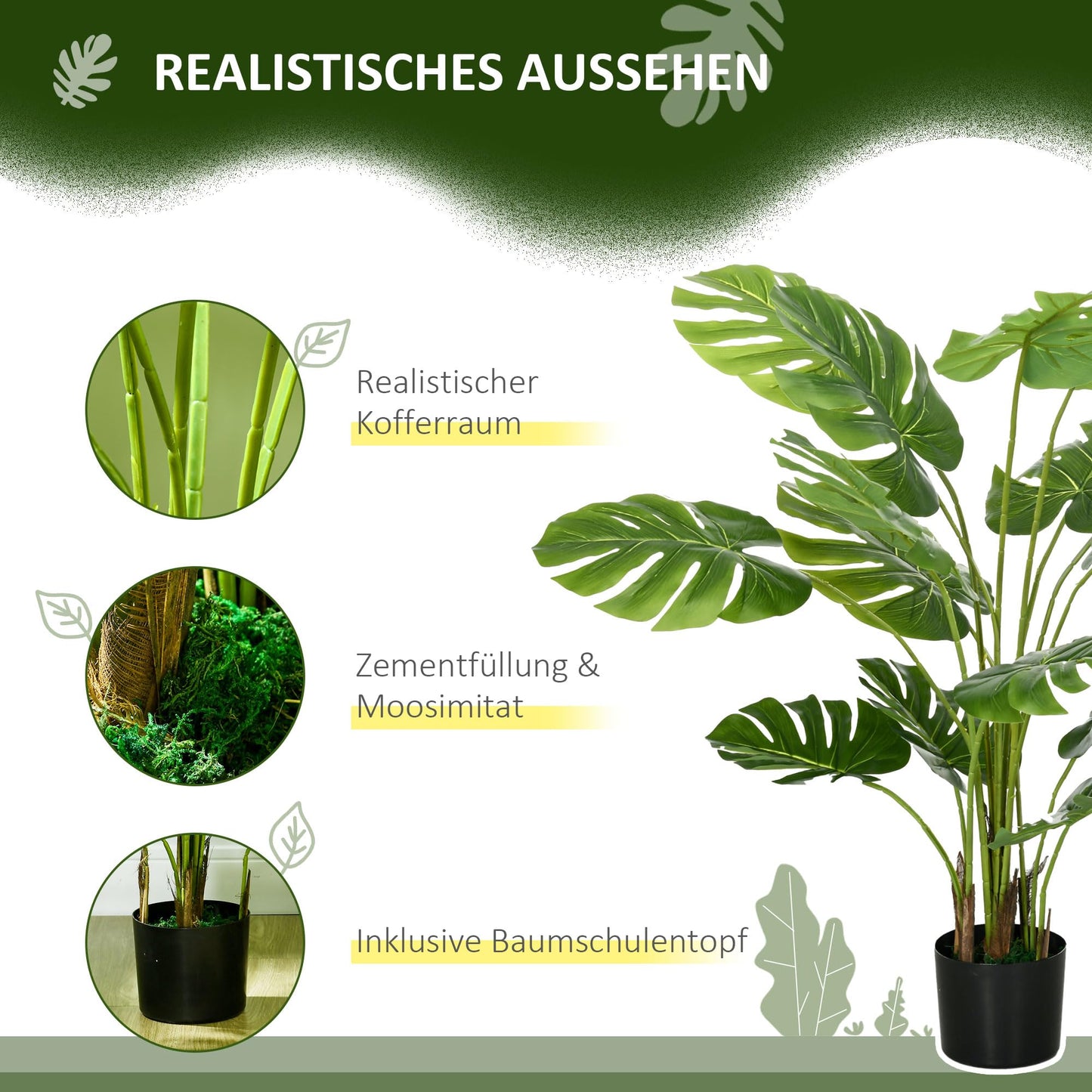 HOMCOM Plantes artificielles, Monstera Deliciosa, 120 cm de plante artificielle avec 15 branches, plante d'intérieur, arbre artificiel, plante décorative pour l'intérieur, vert