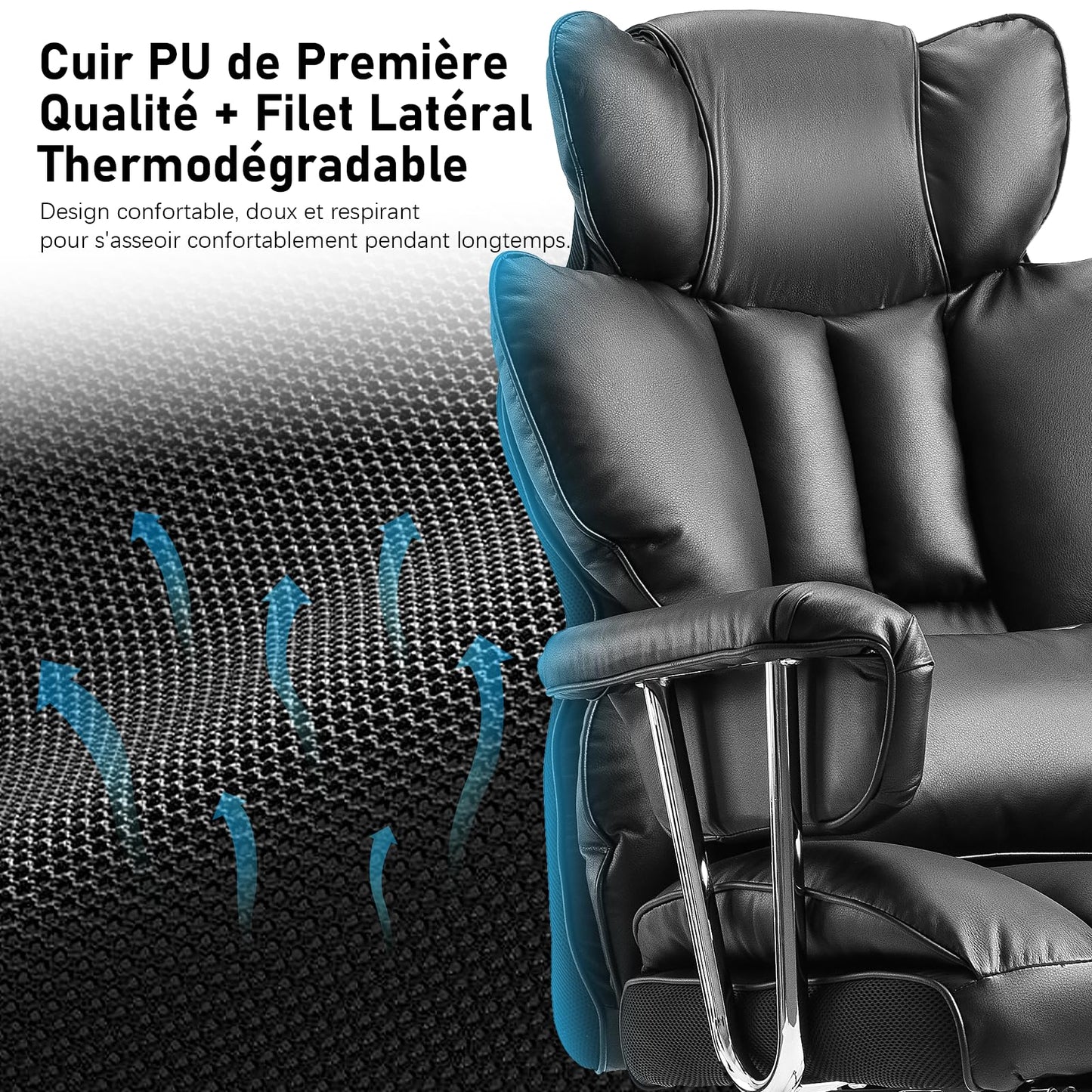 Fauteuil de Bureau, Chaise Ergonomique Gaming avec Repose-pieds Rétractable, Chaise de Bureau Confortable avec Roulettes en Caoutchouc et Coussins Lombaires, Fauteuil de Direction 200 kg (Noir)