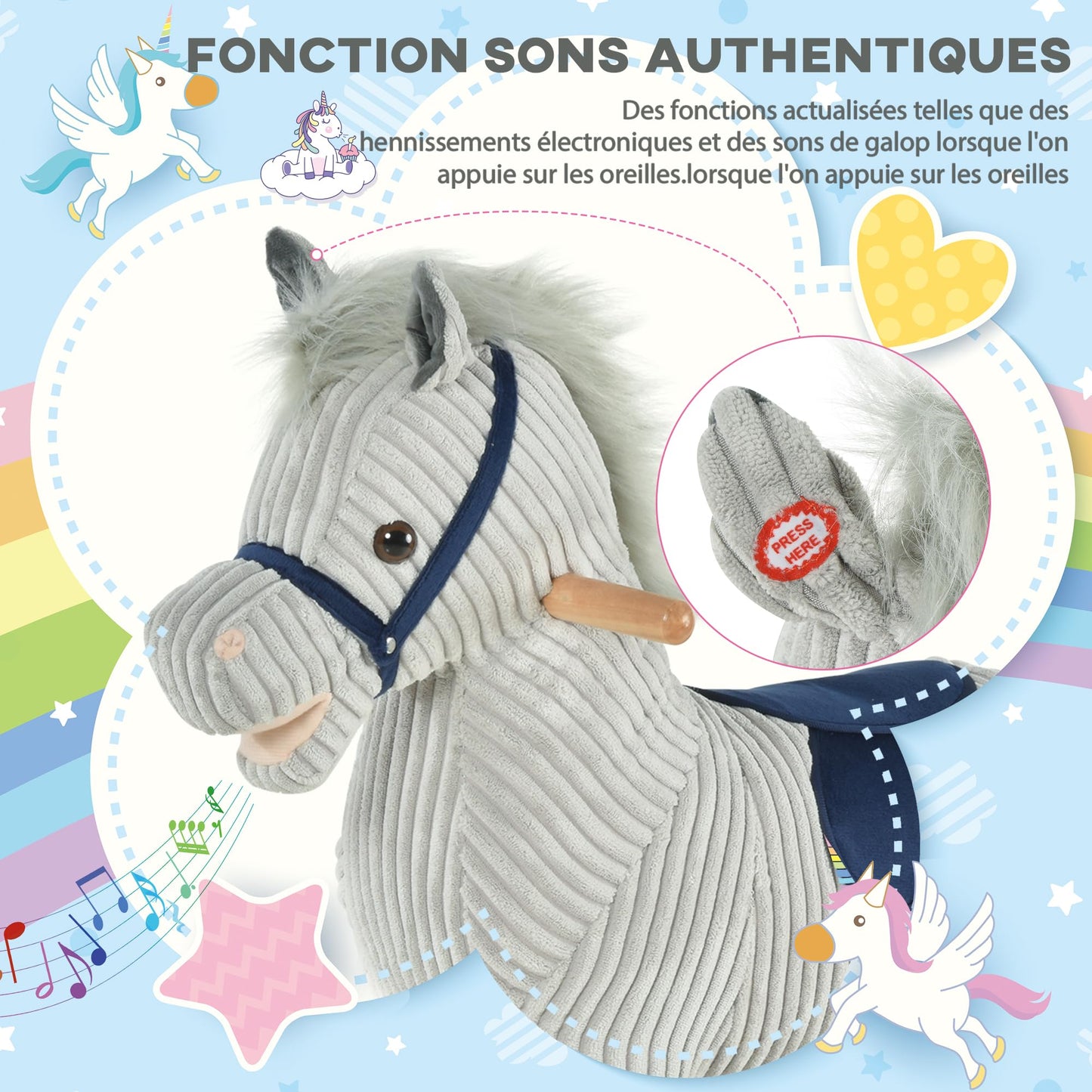 HOMCOM Cheval à Bascule pour Enfant, Jouet à Bascule en Peluche, en Forme de Cheval, à Effets sonores, avec poignées, pédale, pour 36-72 Mois, 73L x 35l x 64H cm, Gris et Blanc