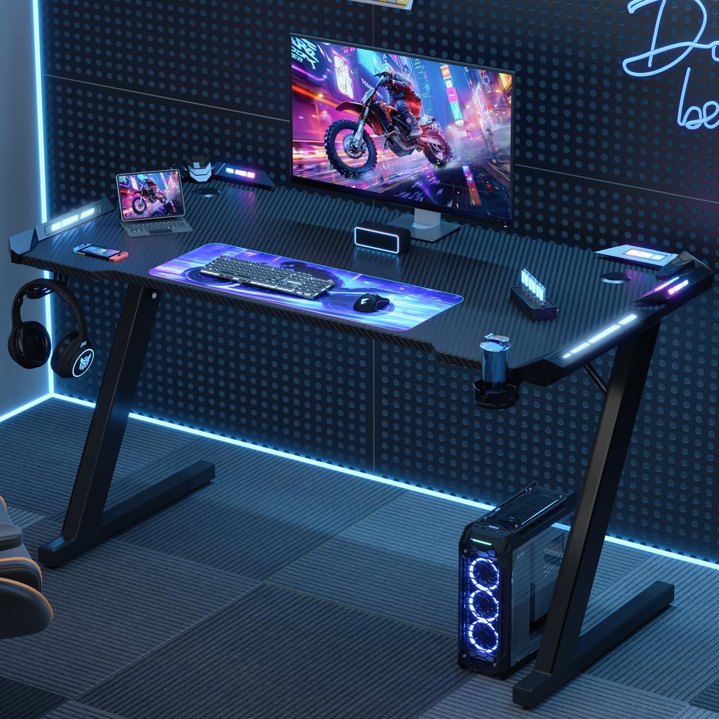 Devoko Bureau Gaming LED 120×60cm, Bureau Gamer avec Lumière RGB, Porte-gobelet et Crochet pour Casque, Table Informatique Ergonomique (Noir,120×60cm)