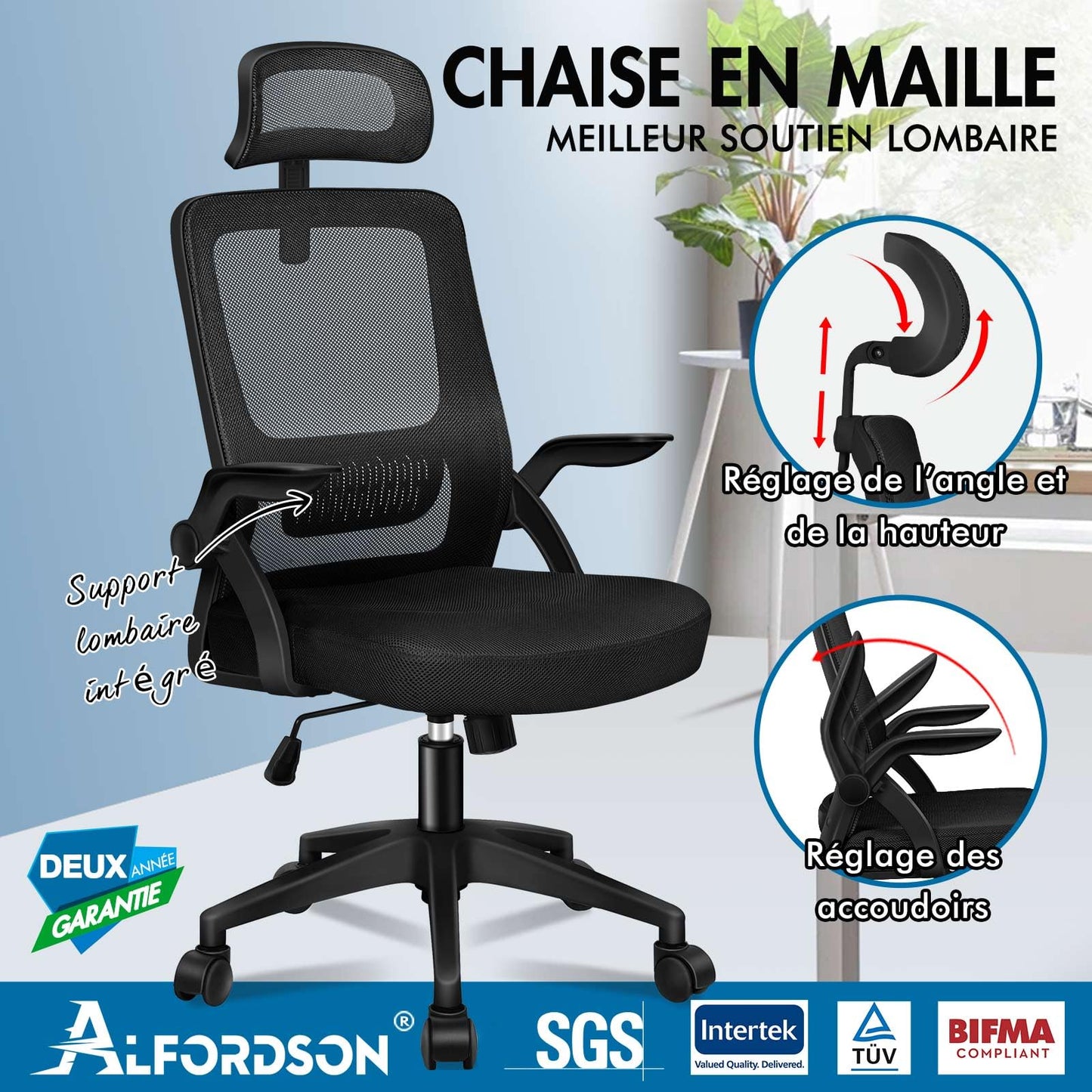 ALFORDSON Chaise de Bureau avec Support Lombaire pour Bureau à Domicile, Chaises D'ordinateur en Maille avec Appui-Tête, Accoudoir Rabattable, Chaise de Bureau Pivotante Inclinable, Noir