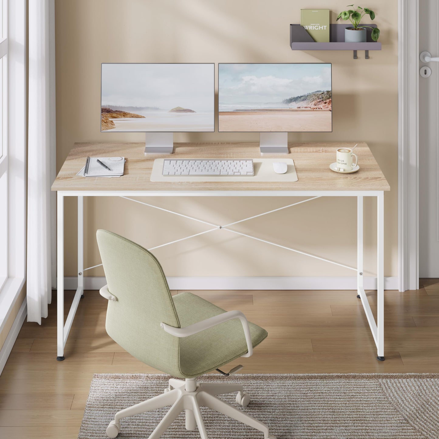 WOLTU Bureau, 140x60 cm, Poste Informatique, Table de Travail, Poste de Travail, Bureau Ordinateur, Cadre en Métal, en Bois d'Ingénierie, pour Chambre, Chêne Clair