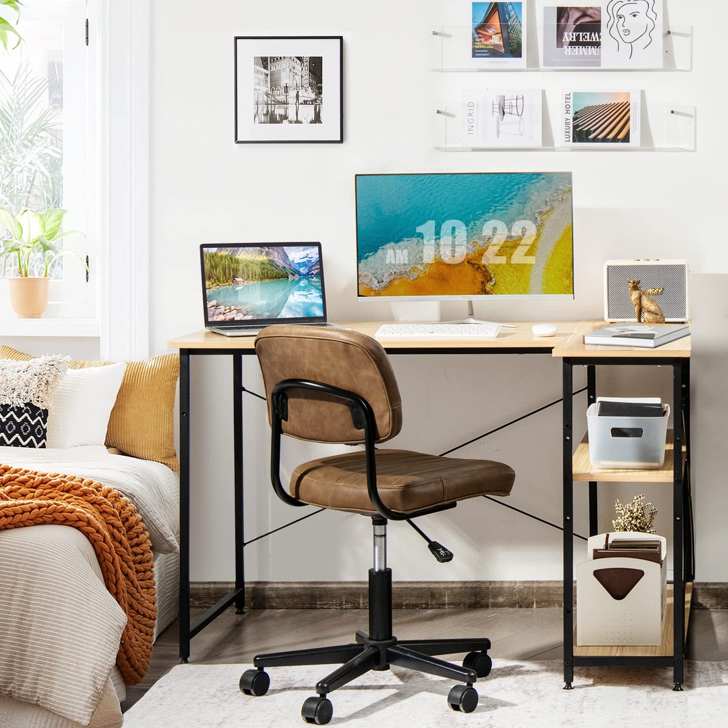 COSTWAY Bureau d'angle en Forme L Réversible, Poste de Travail avec Étagères de Rangement, Assemblage Facile, Peu Encombrant, pour Maison, Bureaux, 120 x 88 x 74,5 cm (Naturel)