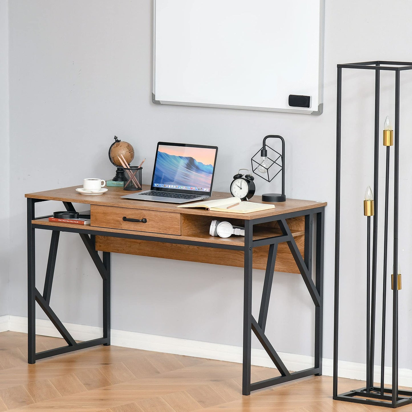 HOMCOM Bureau Style Industriel dim. 120L x 60l x 76H cm tiroir + 2 niches piètement métal Noir Plateau Aspect Bois Noyer