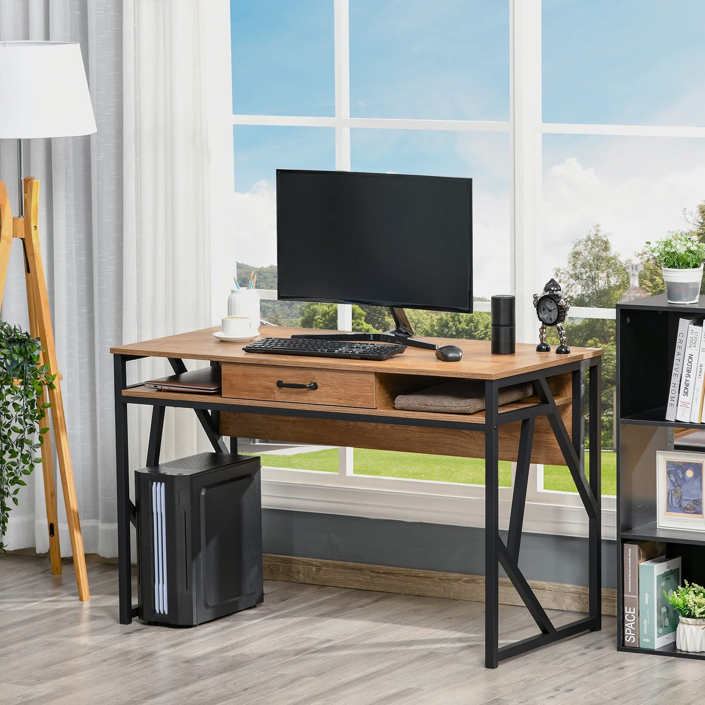 HOMCOM Bureau Style Industriel dim. 120L x 60l x 76H cm tiroir + 2 niches piètement métal Noir Plateau Aspect Bois Noyer