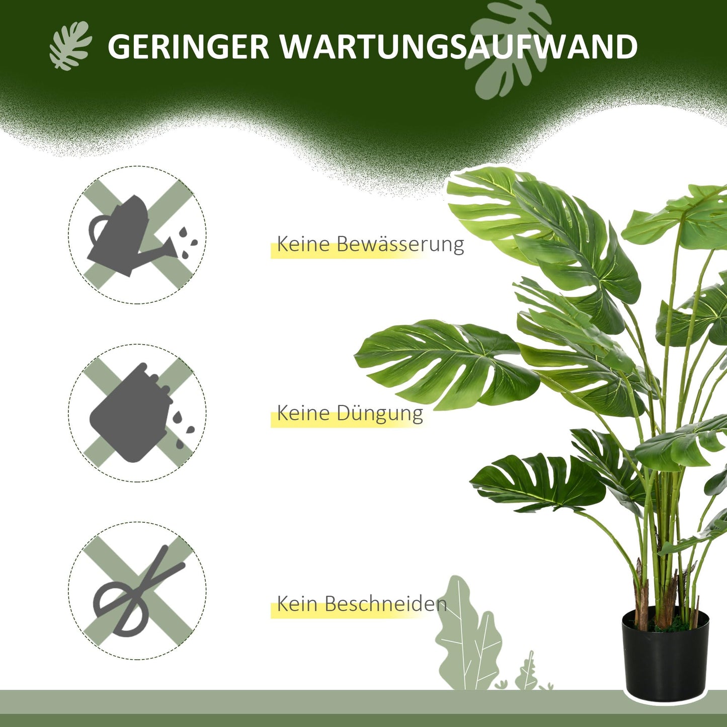 HOMCOM Plantes artificielles, Monstera Deliciosa, 120 cm de plante artificielle avec 15 branches, plante d'intérieur, arbre artificiel, plante décorative pour l'intérieur, vert
