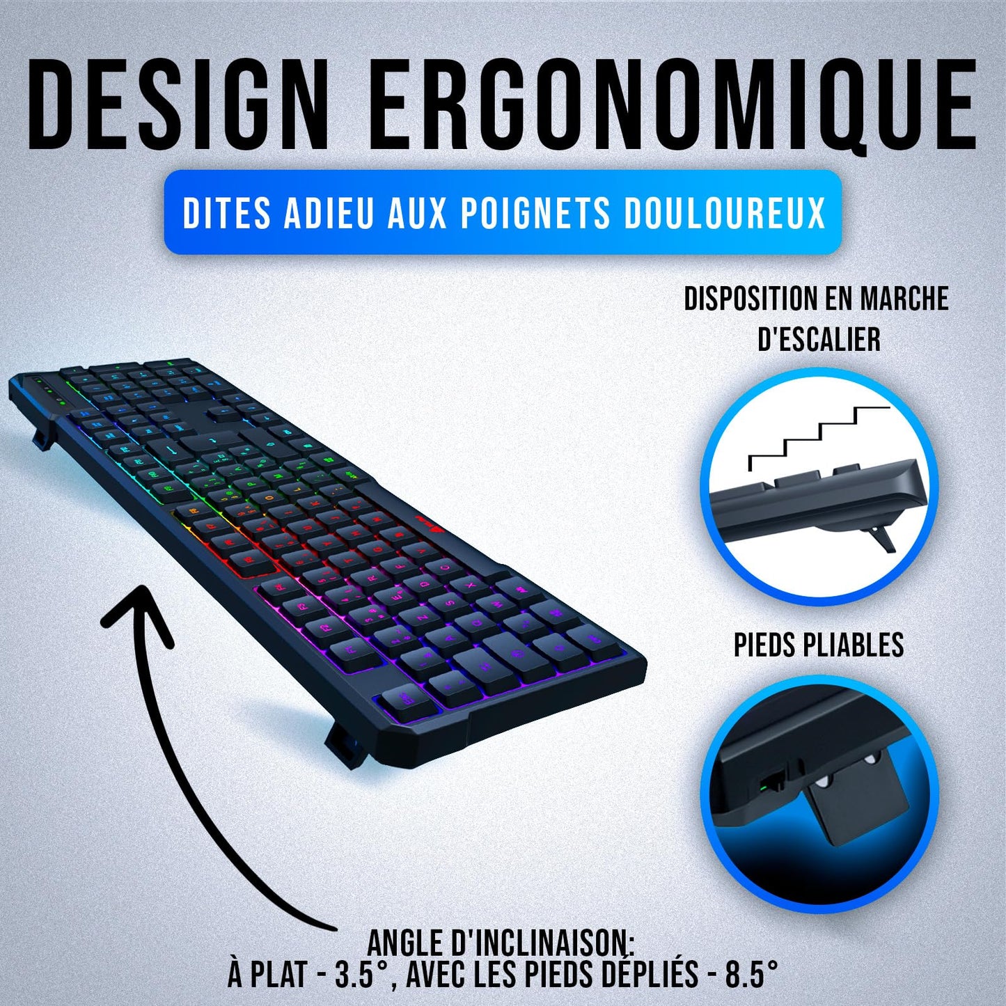 KLIM Chroma Clavier Gamer AZERTY FR - Nouveauté - Silencieux USB - Clavier Filaire Rétroéclairé LED - PC Gaming PS4 PS5 Mac - Noir