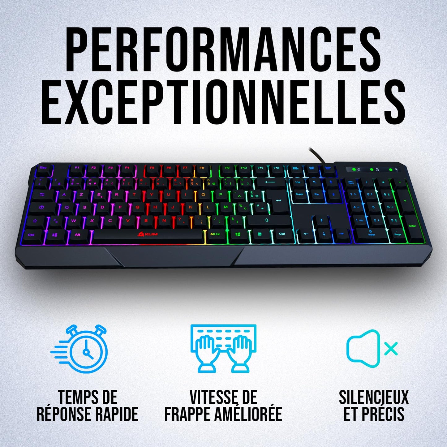 KLIM Chroma Clavier Gamer AZERTY FR - Nouveauté - Silencieux USB - Clavier Filaire Rétroéclairé LED - PC Gaming PS4 PS5 Mac - Noir