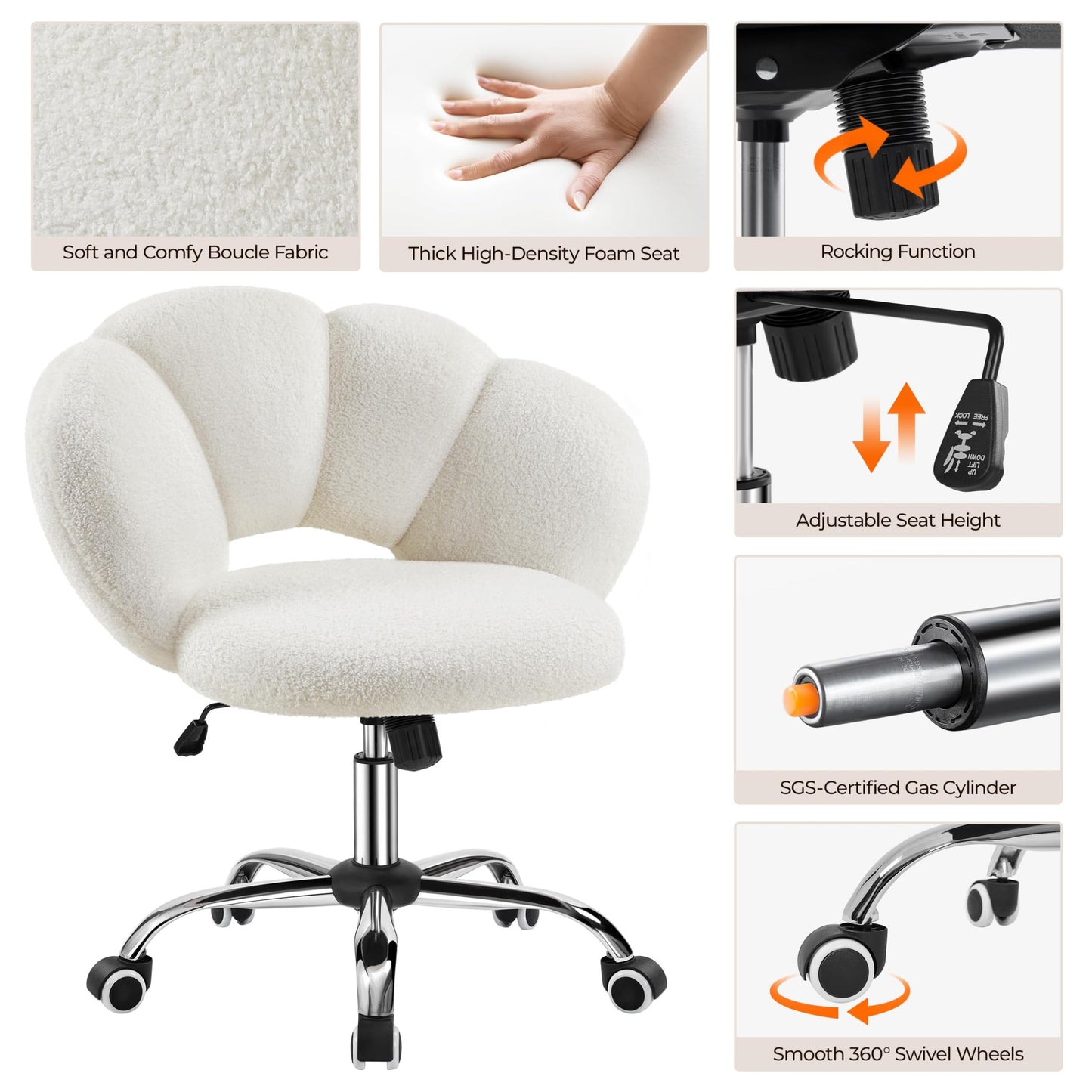Yaheetech Office Chair, Ergonomic Swivel Chair, Cloud-Shaped Comfort Backrest, Height Adjustable, 136 kg Load, for Living Room Bedroom Office, White/Brown