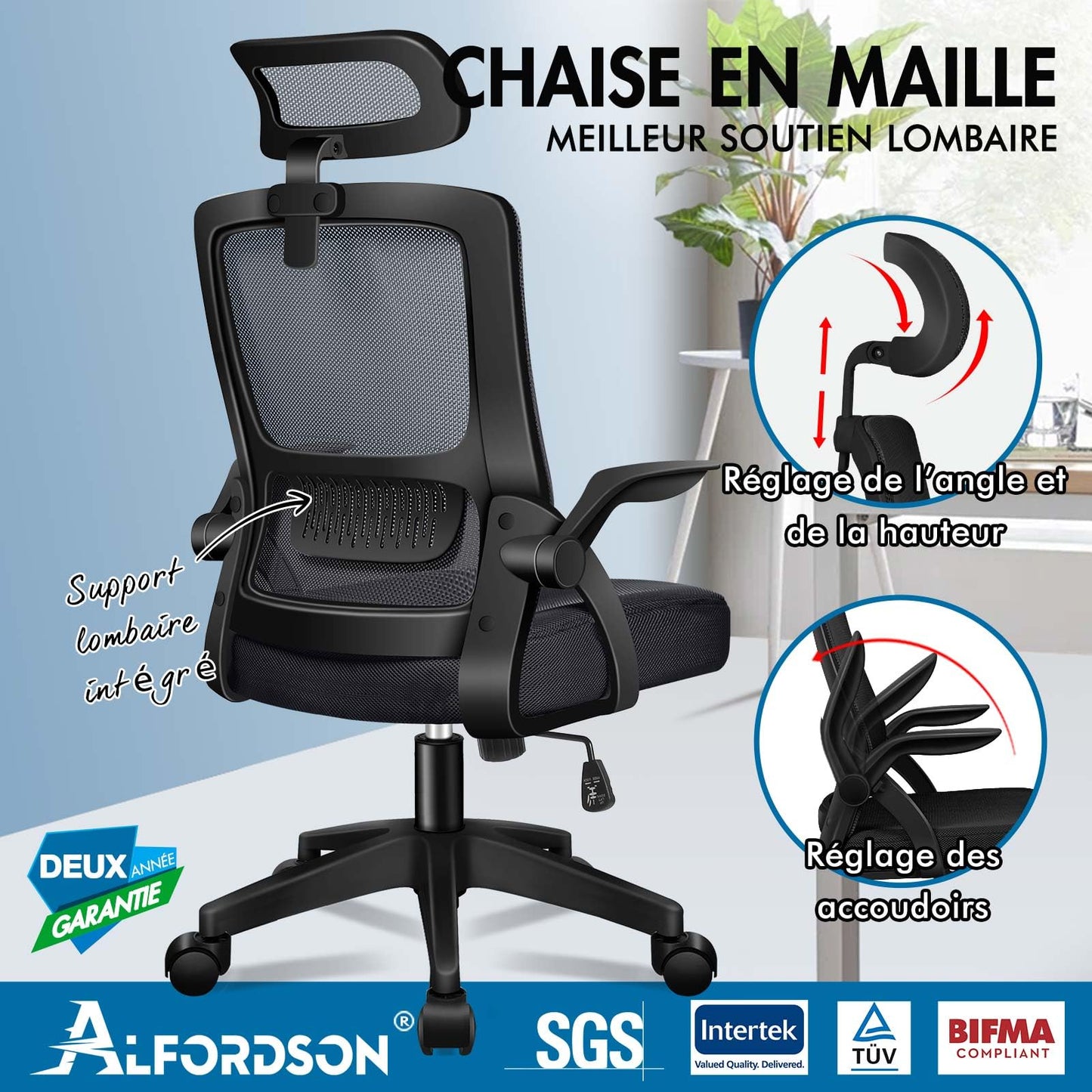 ALFORDSON Chaise de Bureau avec Support Lombaire pour Bureau à Domicile, Chaises D'ordinateur en Maille avec Appui-Tête, Accoudoir Rabattable, Chaise de Bureau Pivotante Inclinable, Noir