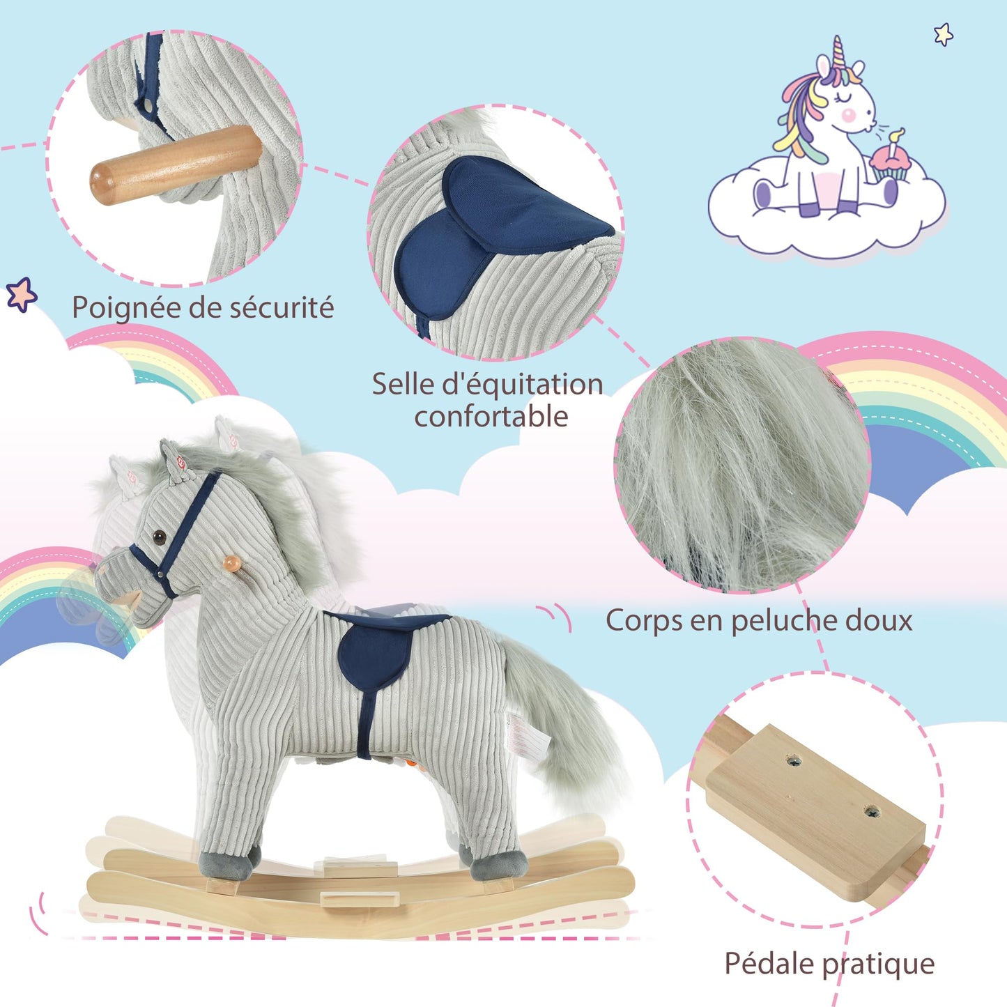 HOMCOM Cheval à Bascule pour Enfant, Jouet à Bascule en Peluche, en Forme de Cheval, à Effets sonores, avec poignées, pédale, pour 36-72 Mois, 73L x 35l x 64H cm, Gris et Blanc