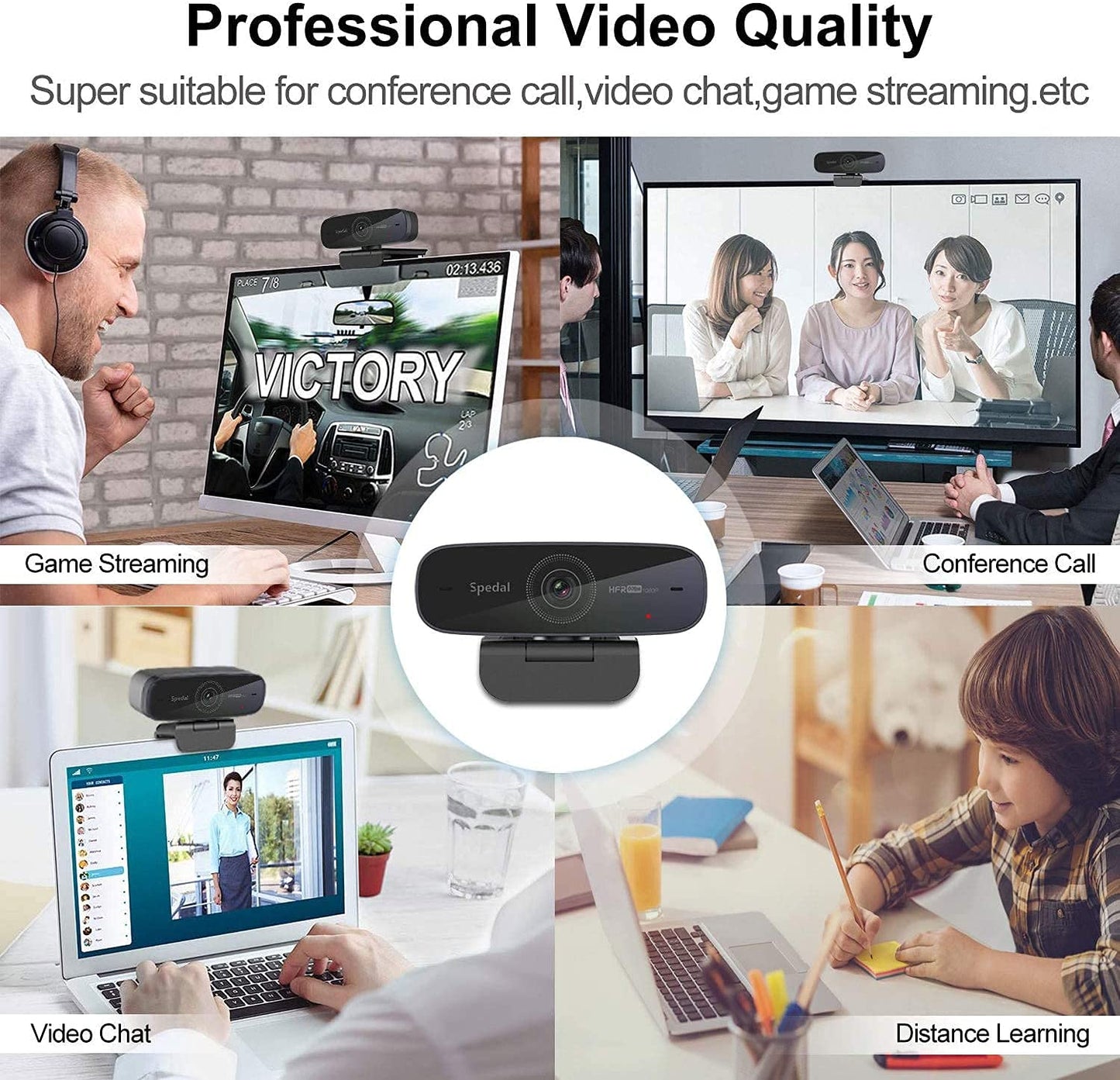 Spedal Webcam 1080P 60fps, Double Microphones Stéréo, Autofocus Live Streaming Caméra Web pour Skype Facebook OBS XSplit, Webcam Compatible avec Linux Mac OS Windows 10/8/7