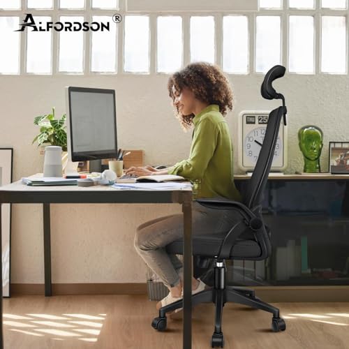 ALFORDSON Chaise de Bureau avec Support Lombaire pour Bureau à Domicile, Chaises D'ordinateur en Maille avec Appui-Tête, Accoudoir Rabattable, Chaise de Bureau Pivotante Inclinable, Noir