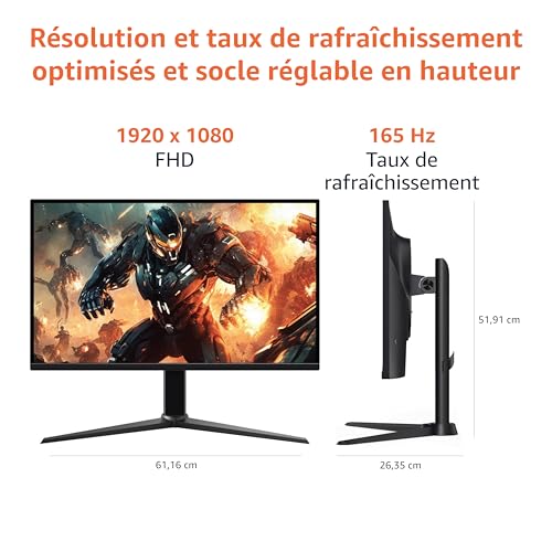 Amazon Basics Écran de gaming 27", FHD 1080p, 165 Hz, compatible VESA, Adaptive Sync, temps de réponse de 1 ms, Noir