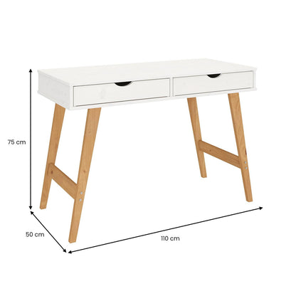 IDIMEX Bureau Milo en pin Massif lasuré Blanc avec 2 tiroirs de Rangement