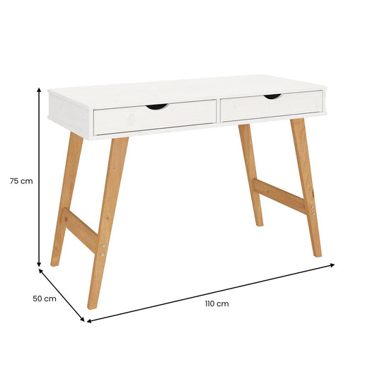 IDIMEX Bureau Milo en pin Massif lasuré Blanc avec 2 tiroirs de Rangement