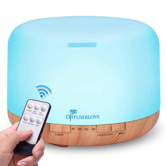 Diffuserlove Diffuseur d'Huiles Essentielles Electrique 500ML Télécommande Arômes Humidificateurs avec Design Muet, Minuterie et Arrêt Automatique sans Eau pour Bureau Salon, LED