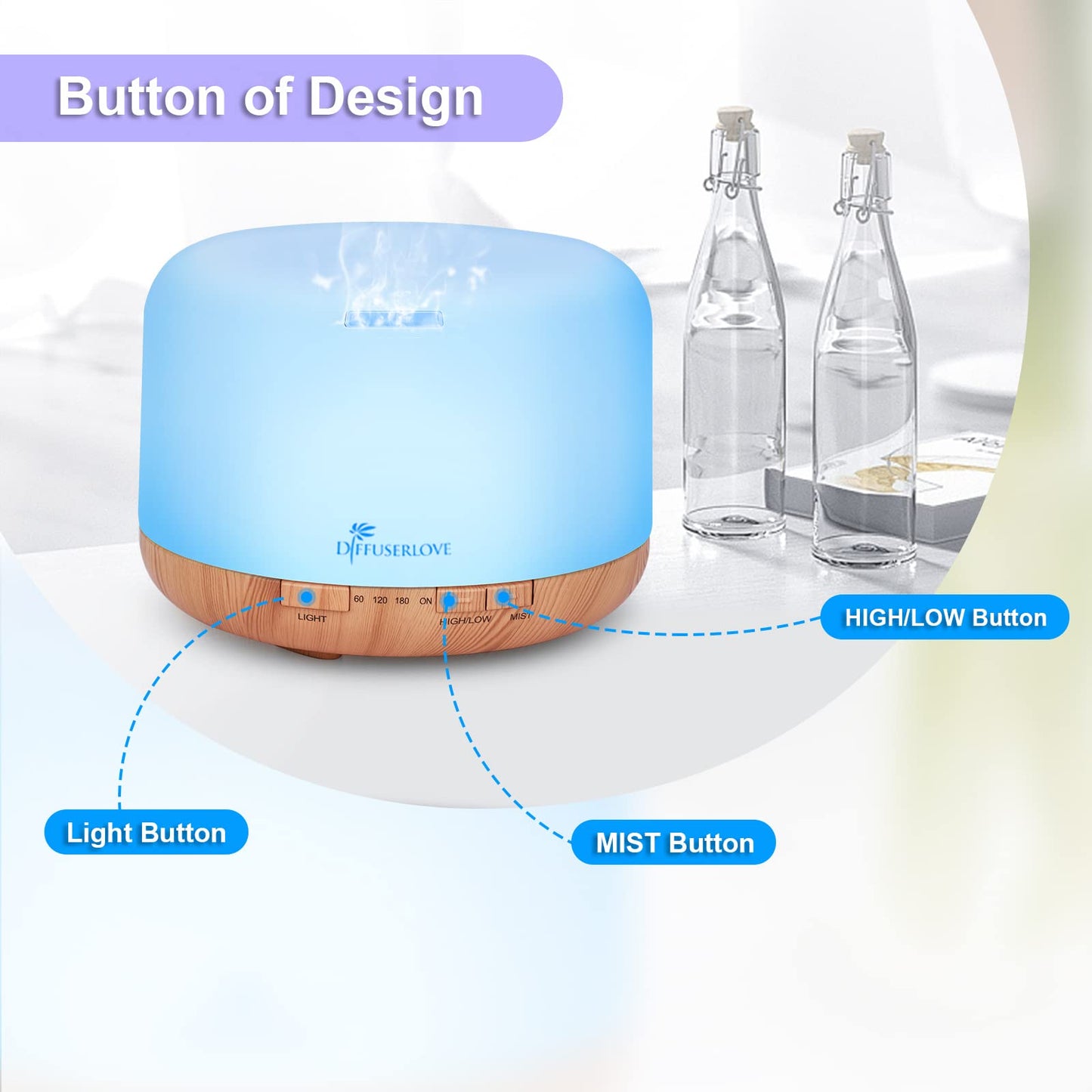 Diffuserlove Diffuseur d'Huiles Essentielles Electrique 500ML Télécommande Arômes Humidificateurs avec Design Muet, Minuterie et Arrêt Automatique sans Eau pour Bureau Salon, LED