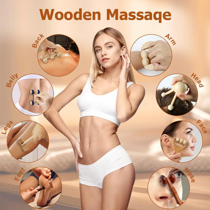 ACWOO Rouleau Massage Bois, 8PCS Ensembles d'outils de Massage en Bois Kit Maderotherapie, Masseur Anti Cellulite Drainage Lymphatique, Masseur Bois de Anti Cellulite Kit Massage Bois Professionnelle