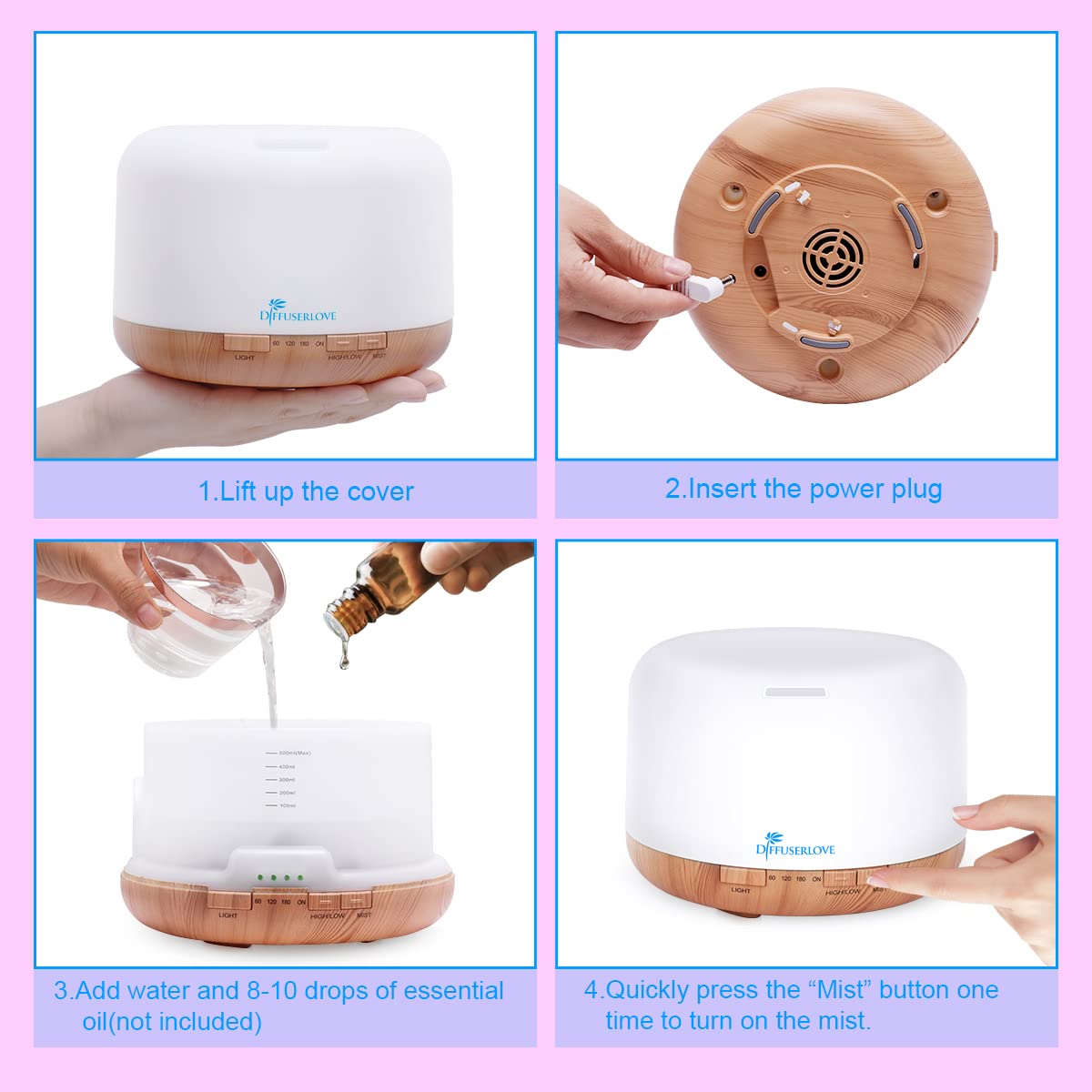 Diffuserlove Diffuseur d'Huiles Essentielles Electrique 500ML Télécommande Arômes Humidificateurs avec Design Muet, Minuterie et Arrêt Automatique sans Eau pour Bureau Salon, LED