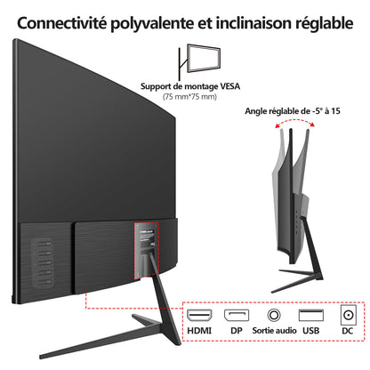 Gawfolk Écran PC 24 Pouces incurvé Gaming Moniteur 180hz, fhd 1080p 1ms sans Lunette, freesync, 100% sRGB，178 ° Angle Vue HDMI DisplayPort, Compatible avec Mural VESA75*75MM - Noir