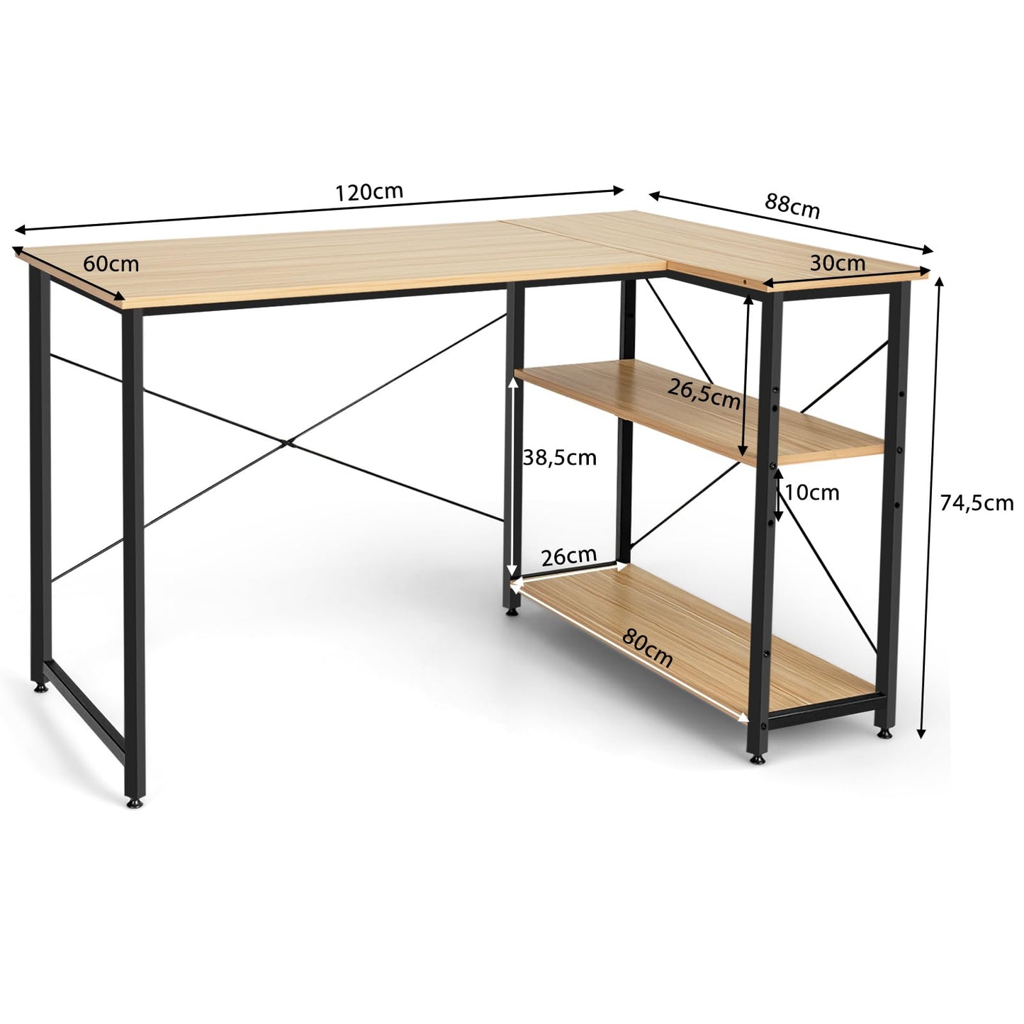 COSTWAY Bureau d'angle en Forme L Réversible, Poste de Travail avec Étagères de Rangement, Assemblage Facile, Peu Encombrant, pour Maison, Bureaux, 120 x 88 x 74,5 cm (Naturel)