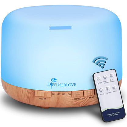 Diffuserlove Diffuseur d'Huiles Essentielles Electrique 500ML Télécommande Arômes Humidificateurs avec Design Muet, Minuterie et Arrêt Automatique sans Eau pour Bureau Salon, LED