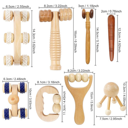 ACWOO Rouleau Massage Bois, 8PCS Ensembles d'outils de Massage en Bois Kit Maderotherapie, Masseur Anti Cellulite Drainage Lymphatique, Masseur Bois de Anti Cellulite Kit Massage Bois Professionnelle
