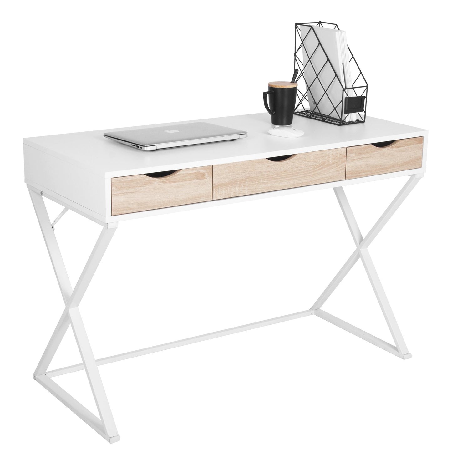 WOLTU Bureau d'ordinateur avec 3 tiroirs, 110x50x75cm, Blanc, Table de Bureau en Acier et MDF, Table de Travail, PC Table