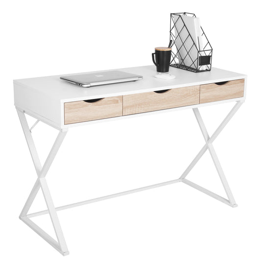 WOLTU Bureau d'ordinateur avec 3 tiroirs, 110x50x75cm, Blanc, Table de Bureau en Acier et MDF, Table de Travail, PC Table