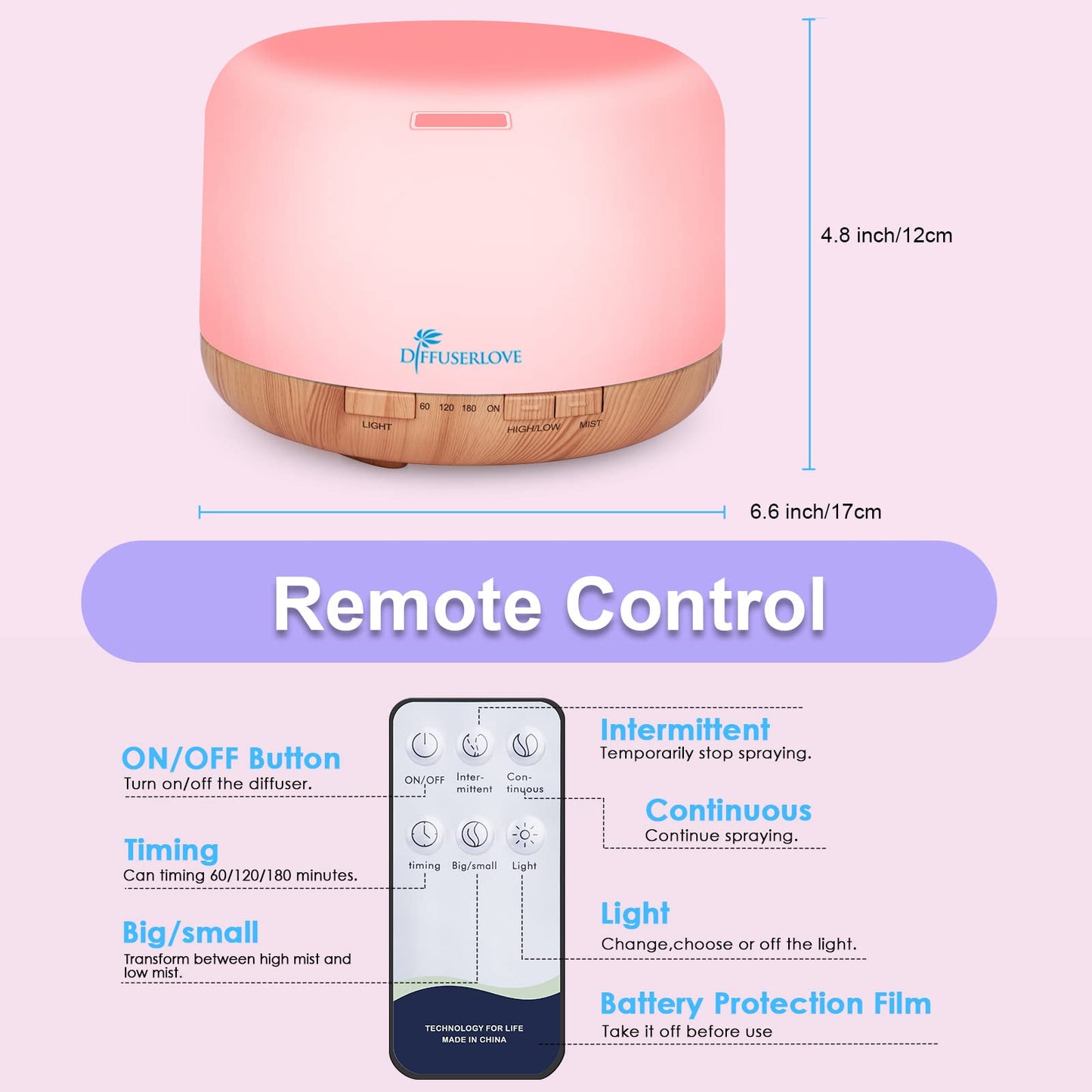 Diffuserlove Diffuseur d'Huiles Essentielles Electrique 500ML Télécommande Arômes Humidificateurs avec Design Muet, Minuterie et Arrêt Automatique sans Eau pour Bureau Salon, LED