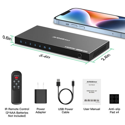 HDMI 2.1 Switch 8K 60Hz, AVIDGRAM HDMI Commutateur 4 entrées 1 Sortie avec IR télécommande, 4 Port 4K 120Hz Auto HDMI Selector Hub Support 8K 48Gbps pour Xbox Series X PS4 Pro PS5 UHD TV