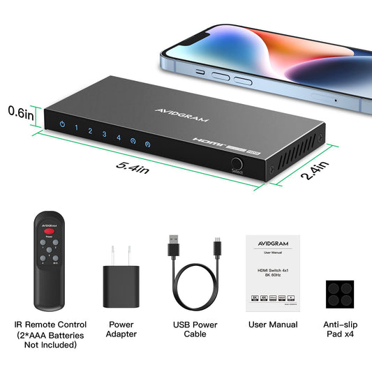 HDMI 2.1 Switch 8K 60Hz, AVIDGRAM HDMI Commutateur 4 entrées 1 Sortie avec IR télécommande, 4 Port 4K 120Hz Auto HDMI Selector Hub Support 8K 48Gbps pour Xbox Series X PS4 Pro PS5 UHD TV
