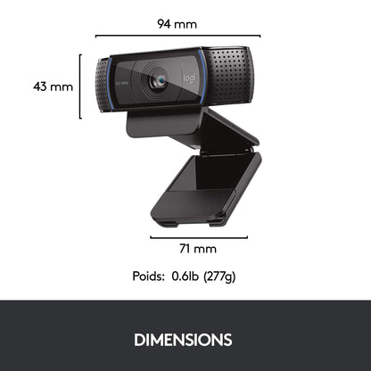 Logitech Webcam C920 HD Pro, Appels et Enregistrements Vidéo Full HD 1080p, Webcam Streaming, Deux Microphones, Petite, Agile, Réglable, PC/Mac/Portable/Tablette/Chromebook - Noir