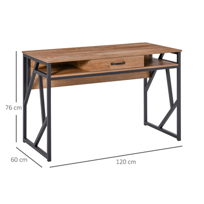 HOMCOM Bureau Style Industriel dim. 120L x 60l x 76H cm tiroir + 2 niches piètement métal Noir Plateau Aspect Bois Noyer