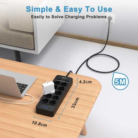 NVEESHOX Multiprise Electrique (16A/4000W), Multiprise 10 Prises avec 4 Ports USB, Bloc Multiprise Parafoudre et Surtension avec Interrupteur, Câble 5Mpour Maison Bureau,Noir
