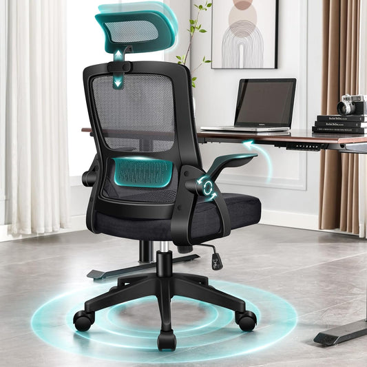 ALFORDSON Chaise de Bureau avec Support Lombaire pour Bureau à Domicile, Chaises D'ordinateur en Maille avec Appui-Tête, Accoudoir Rabattable, Chaise de Bureau Pivotante Inclinable, Noir