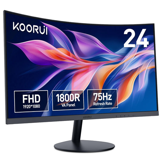 KOORUI Écran PC Incurvé - Dalle VA 23.6 Pouces, Résolution FHD (1920 x 1080), 1800R, 60Hz, 5ms, HDMI, VGA, Réglage de l’Inclinaison, Angle de Vision de 178°, Ecran pc Gamer Incurvé, Noir