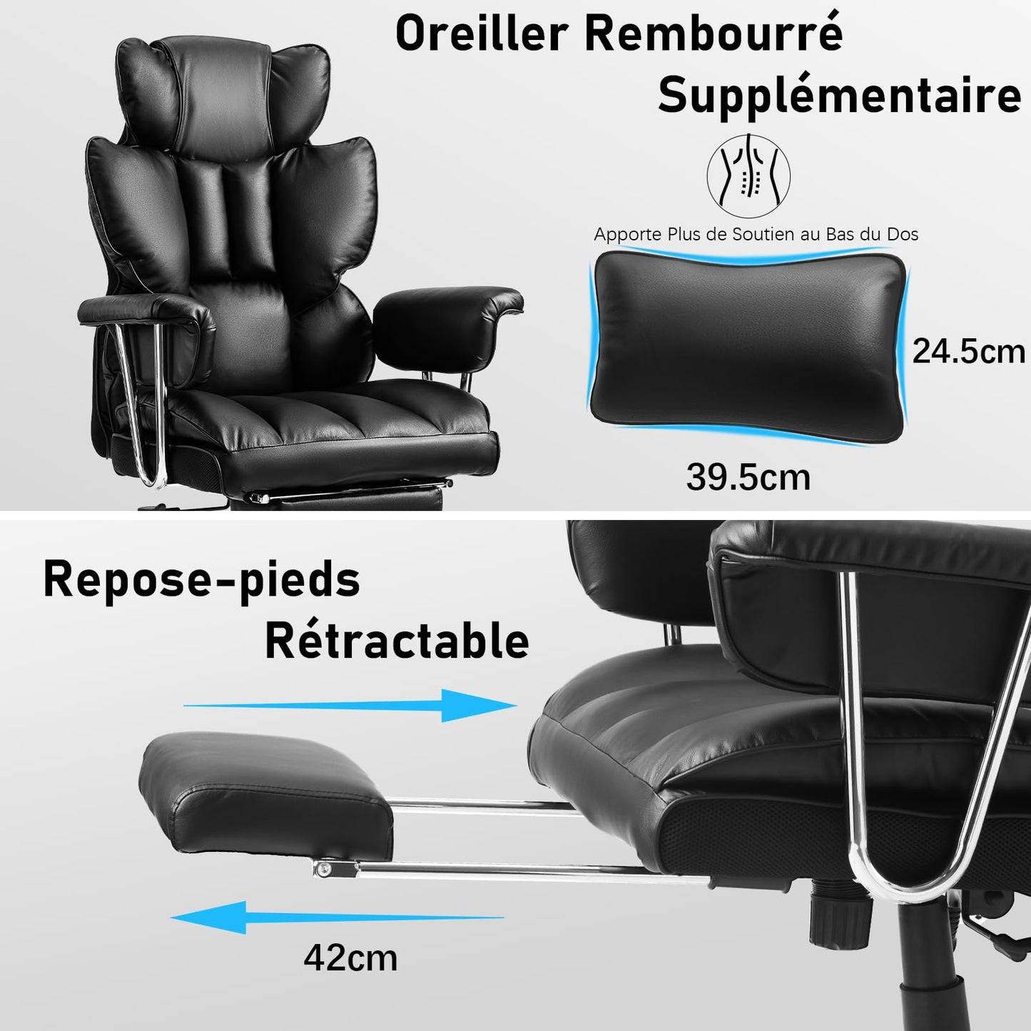 Fauteuil de Bureau, Chaise Ergonomique Gaming avec Repose-pieds Rétractable, Chaise de Bureau Confortable avec Roulettes en Caoutchouc et Coussins Lombaires, Fauteuil de Direction 200 kg (Noir)