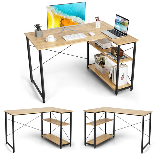 COSTWAY Bureau d'angle en Forme L Réversible, Poste de Travail avec Étagères de Rangement, Assemblage Facile, Peu Encombrant, pour Maison, Bureaux, 120 x 88 x 74,5 cm (Naturel)